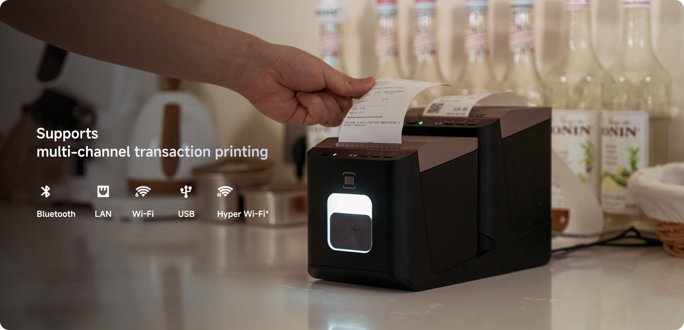 SUNMI 80mm printer multi-channel connectivity — Bluetooth, LAN, Wi-Fi, USB