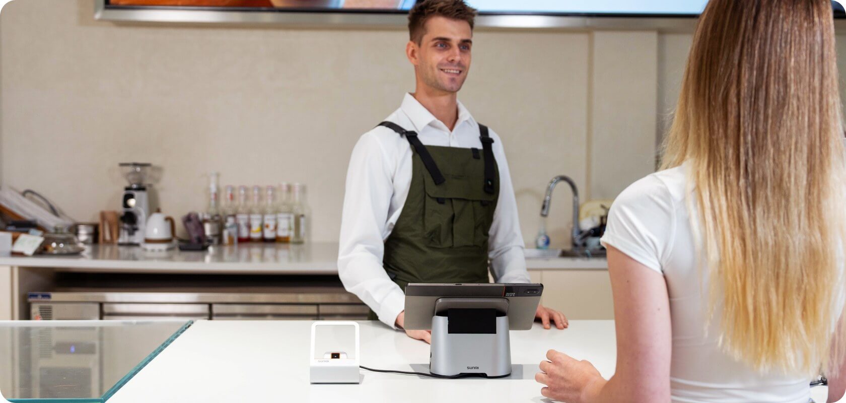Café counter with barcode scanner