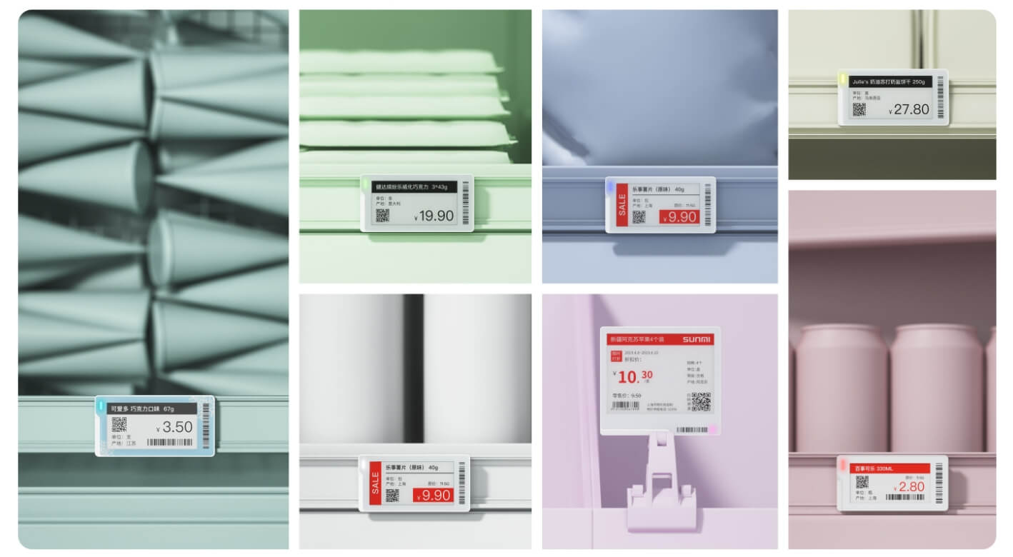 SUNMI ESL labels with colorful LED indicators showing pricing and promotions