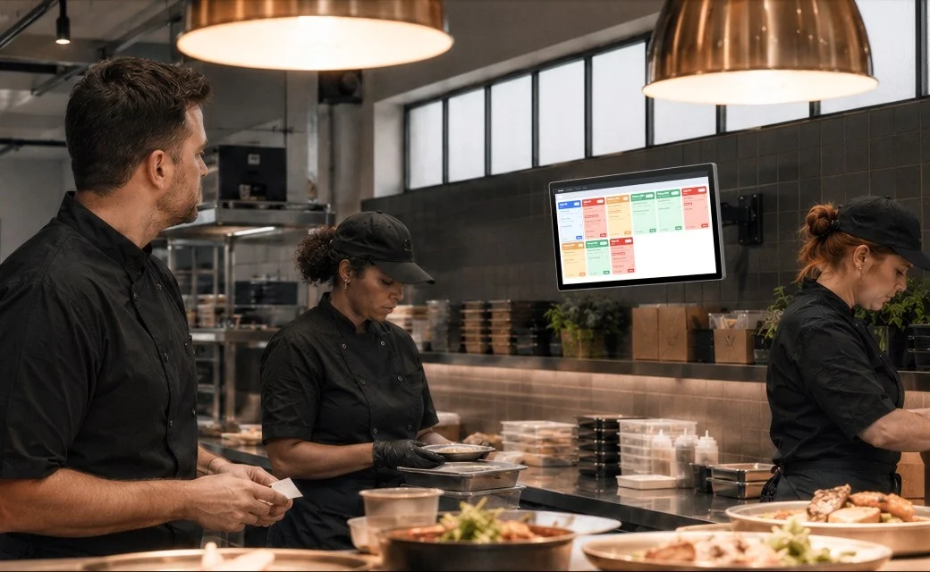Restaurant kitchen team working beside a wall-mounted FLEX 3 KDS