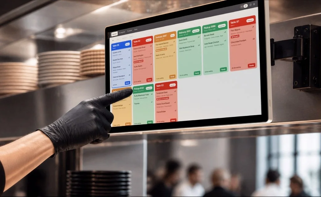 Gloved restaurant worker using a wall-mounted FLEX 3 KDS