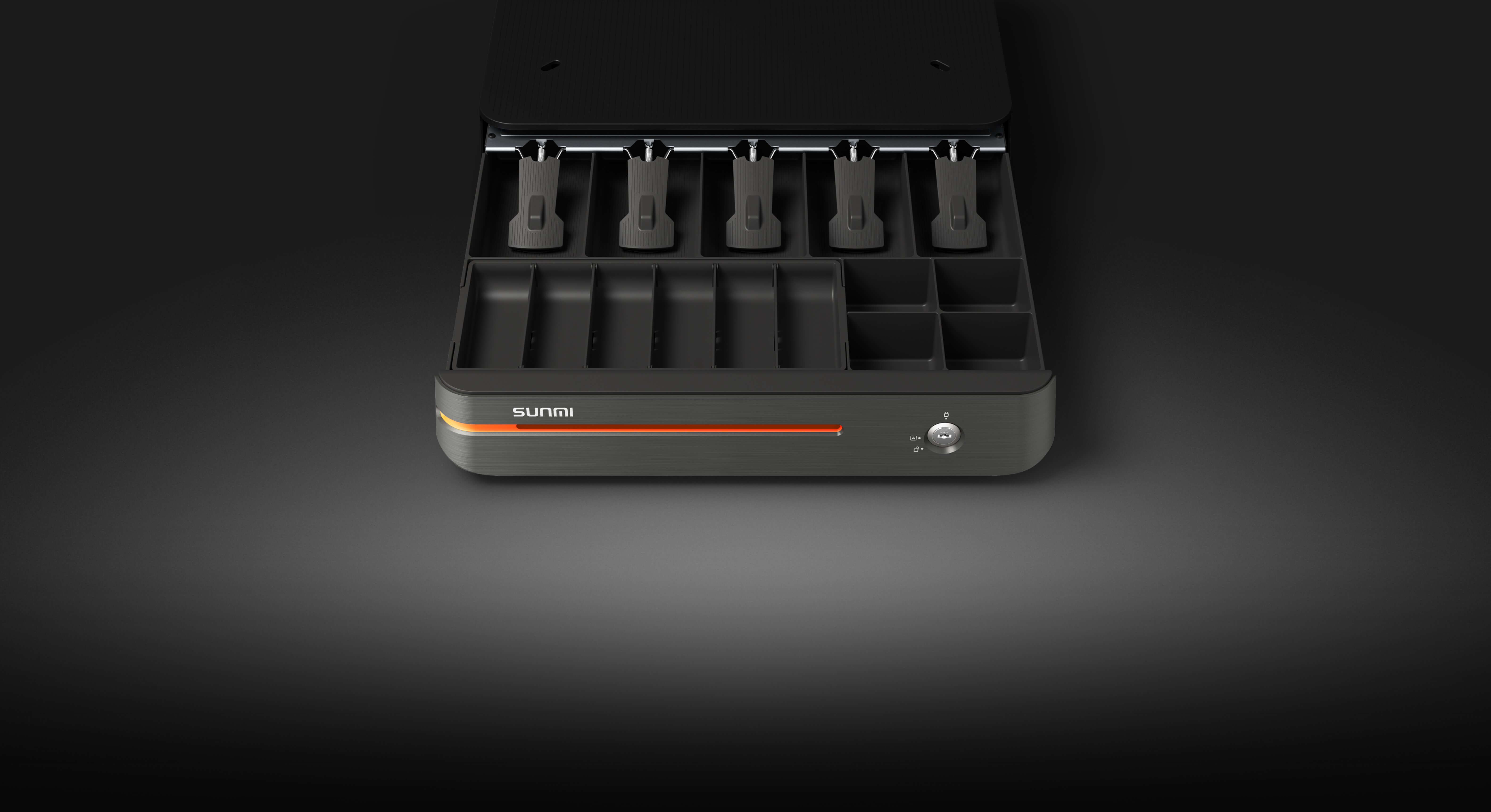 Open Sunmi MAX cash drawer in black with orange trim, showing interior compartments, highlighted with 20+ label and global currency symbols.
