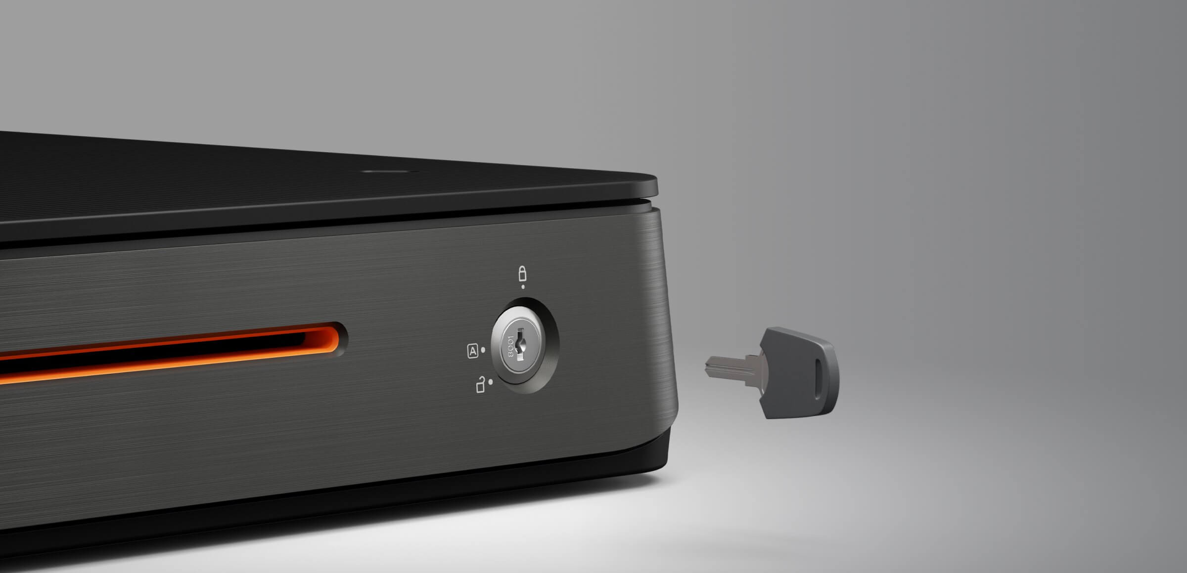 Close-up side view of the MAX Security cash drawer, highlighting the keyhole, 3-position lock mechanism, and sturdy enclosure.