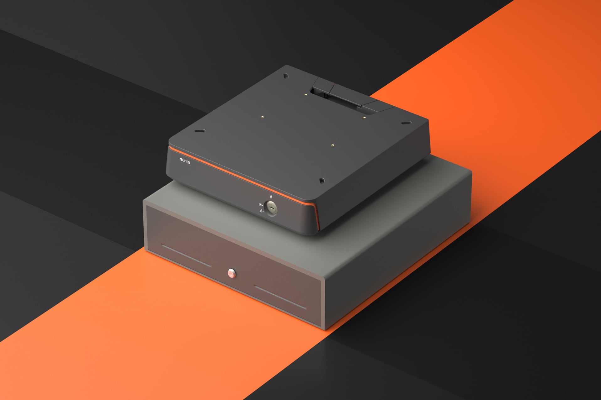 New black SUUN cash drawer versus a traditional grey one, showcasing a 22.5% smaller footprint on a black and orange gradient background.